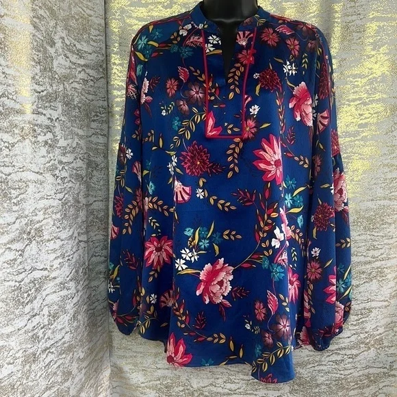Vintage🧚‍♀️ LOFT Spring Floral Kaftan Casual Long Sleeve Blouse Size L - Picture 3 of 13